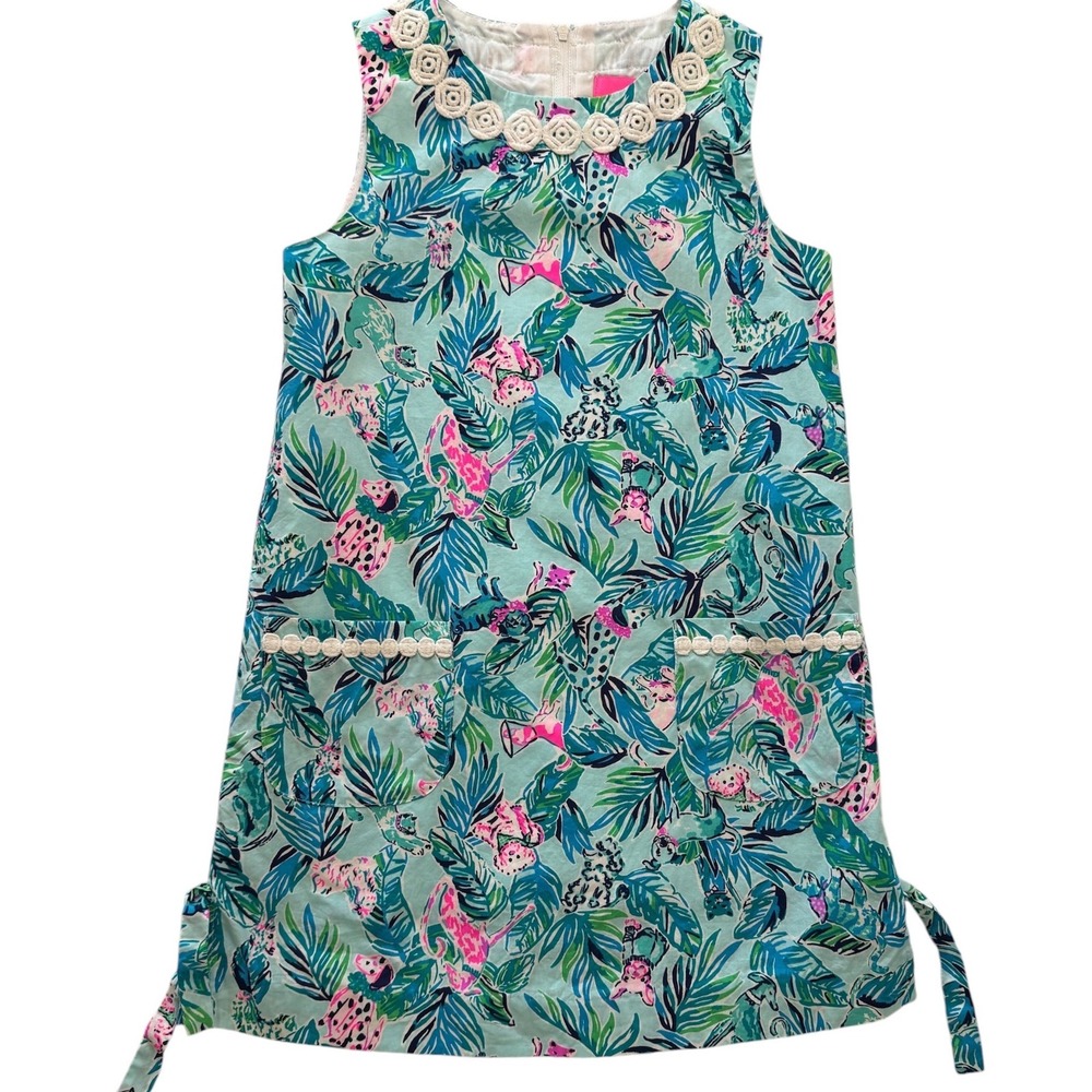 Lilly Pulitzer Girls Blue Tropical Leopard Palm Shift Dress Size 8 002931